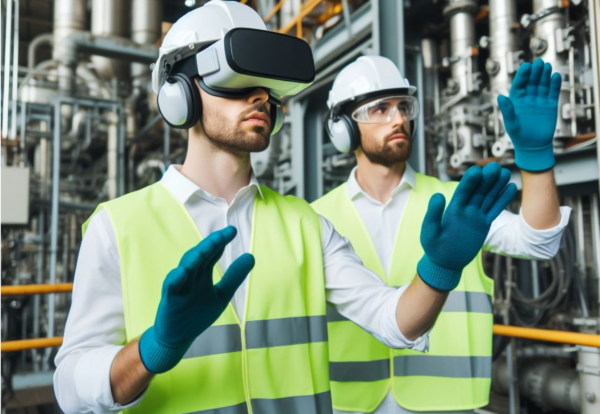 men in thermal power plant wearing safety jackets and hardhat with white Oculus headset and h (1)